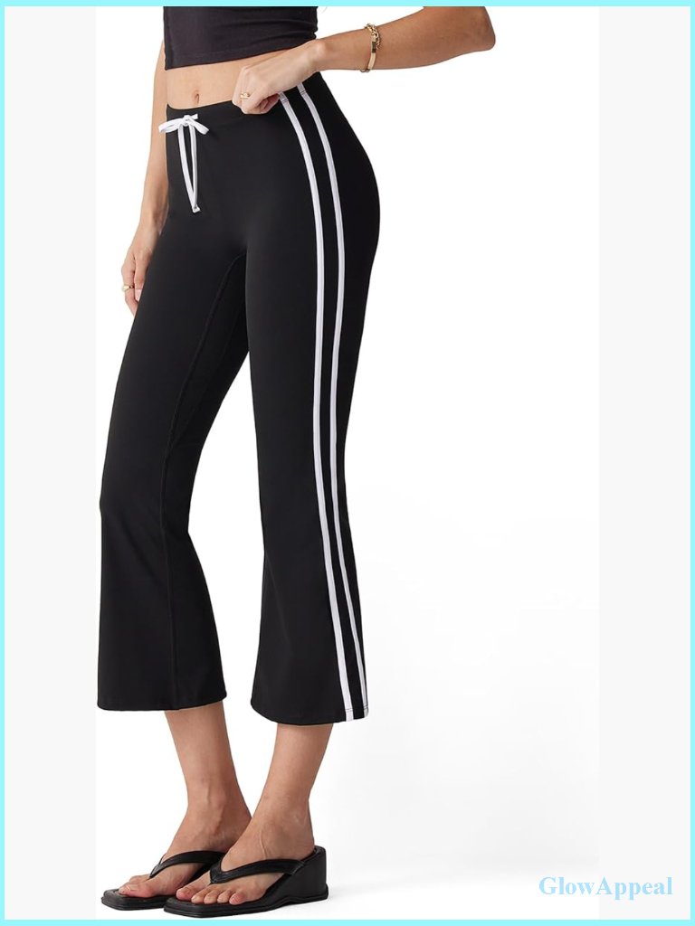 High Waisted Flare Capri Yoga Pants With Side Stripe Drawstring